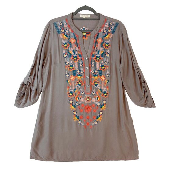 Solitaire Embroidered Tunic Top Sz Large Gray Bohemian Folk Art Hippie Roll Tab - Picture 1 of 7